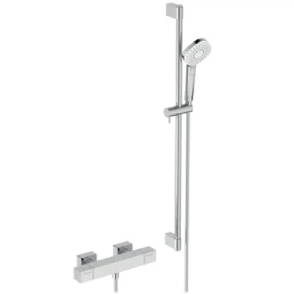 Brausekombination von Ideal Standard mit Handbrause und Thermostat, in Chrom, an einer senkrechten Halterung montiert.